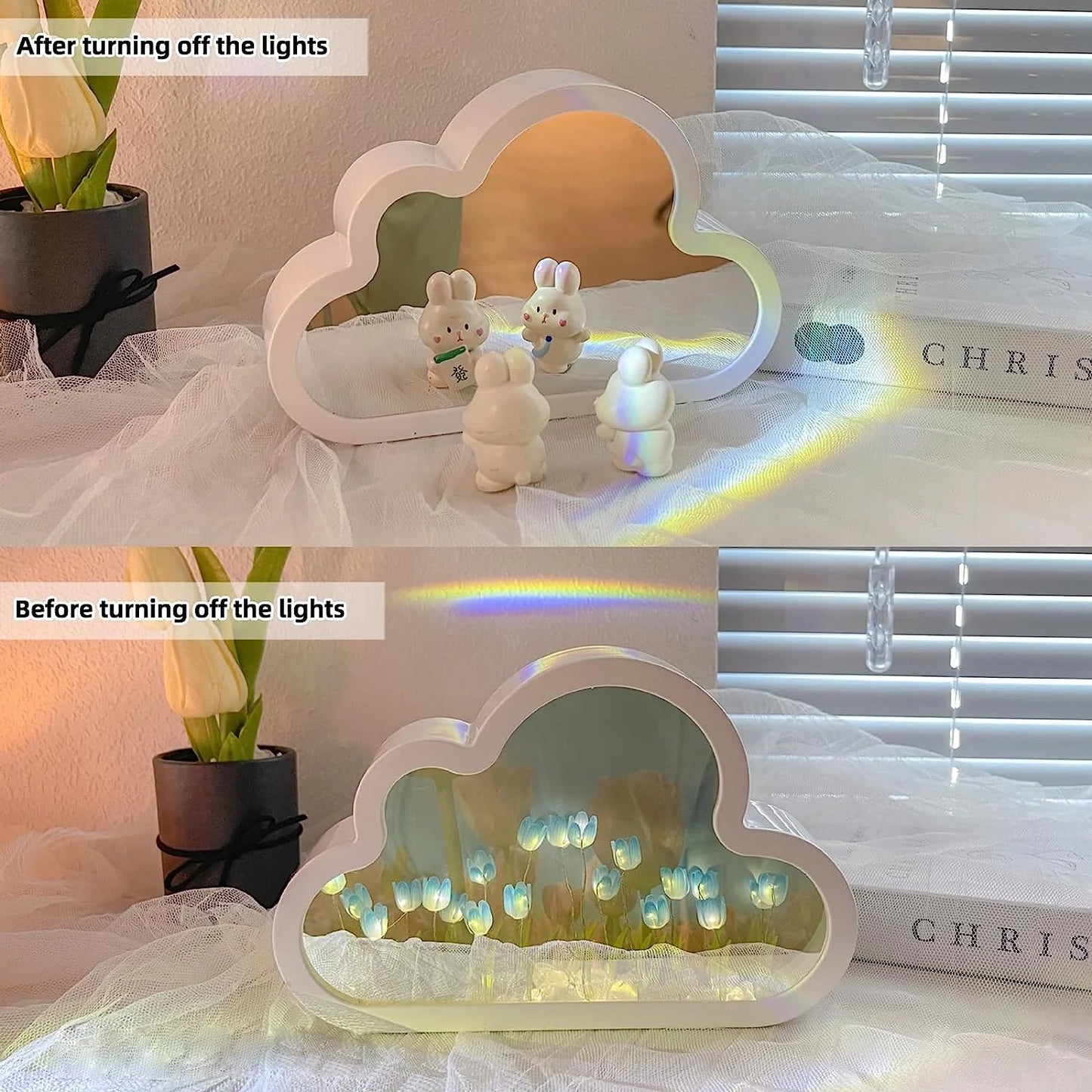Tulip Lamp Tulip Mirror Night Light, Tulip Cloud Desk Lamp - LED Living Room Bedside Desktop Ornaments,Night Light for Bedroom (Blue)
