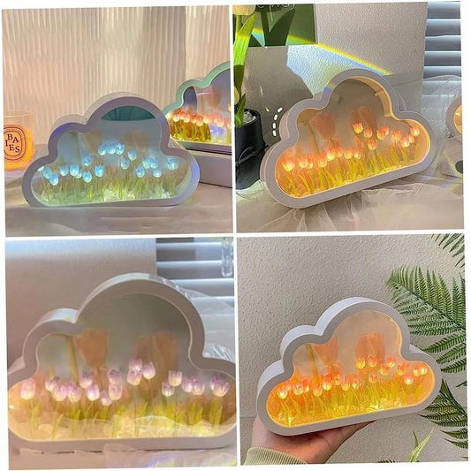 Tulip Lamp Tulip Mirror Night Light,  Tulip Cloud Desk Lamp - LED Living Room Bedside Desktop Ornaments,Night Light for Bedroom (Blue)